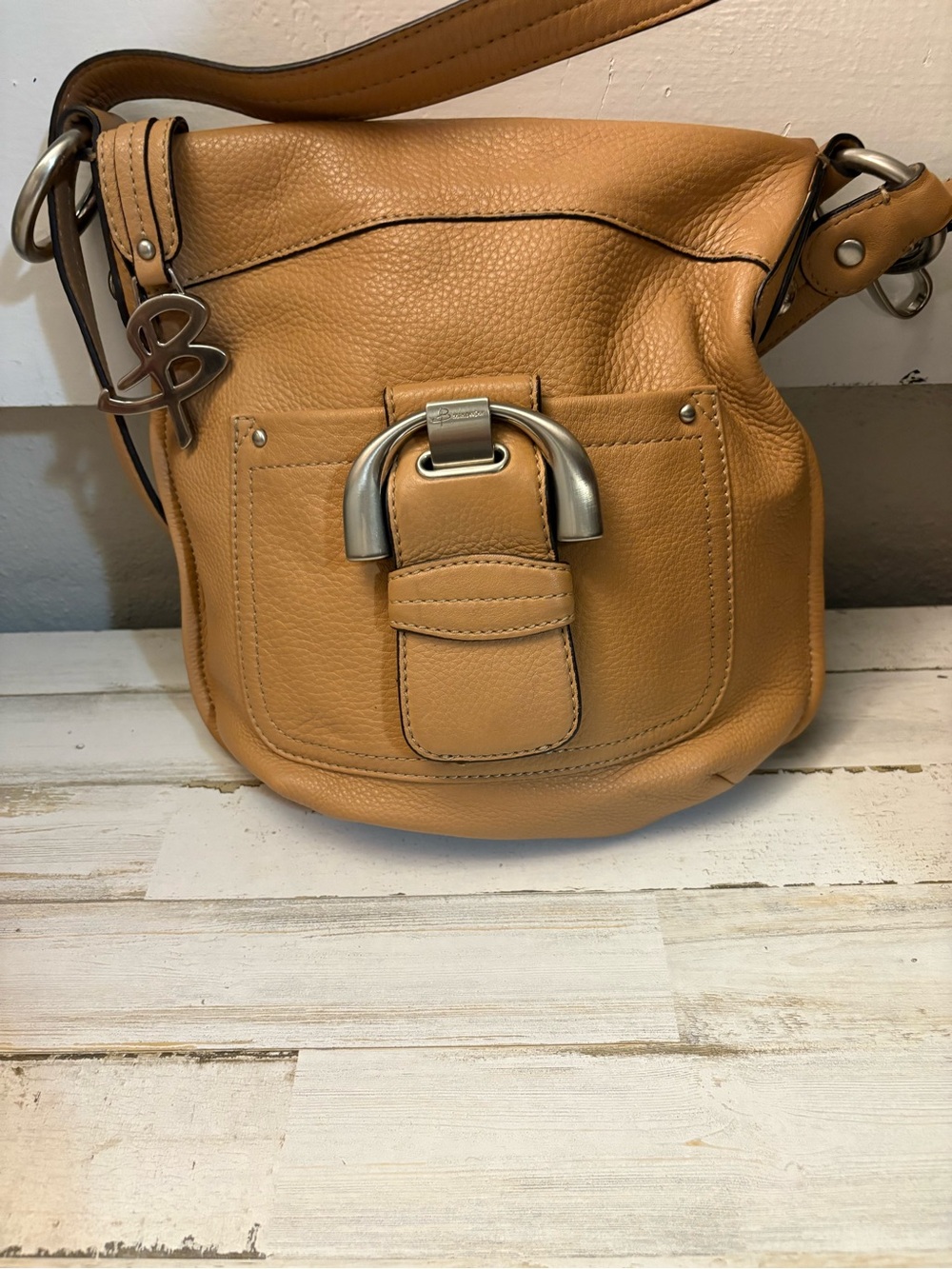 b. makowsky Tan Pebbled Leather Shoulder Bag with Front Buckle